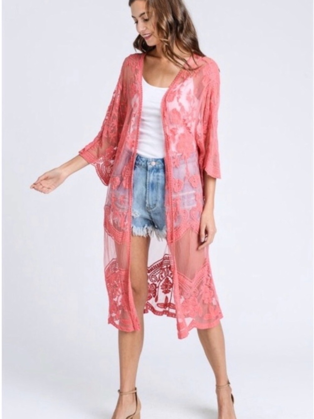 Dizzy Gal Coral Pink Floral Lace Sheer Mesh Long Kimono Duster Cardigan Medium - Picture 14 of 14